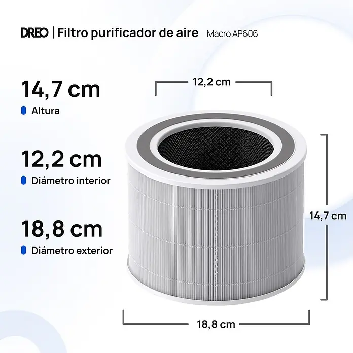 Filtro HEPA DREO AP606 - Específico para: Purificador Dreo AP606 - Filtro purificador de aire cilíndrico gris (DREO Macro AP606). Altura 14,7 cm, Ø int. 12,2 cm, Ø ext. 18,8 cm.