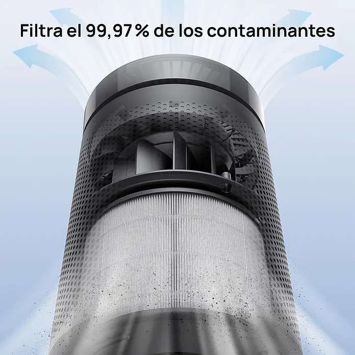 Filtro HEPA DREO AP606 - Específico para: Purificador Dreo AP606 - Purificador de aire gris oscuro con filtro de malla visible, filtrando activamente polvo y contaminantes, con flechas de flujo de aire.