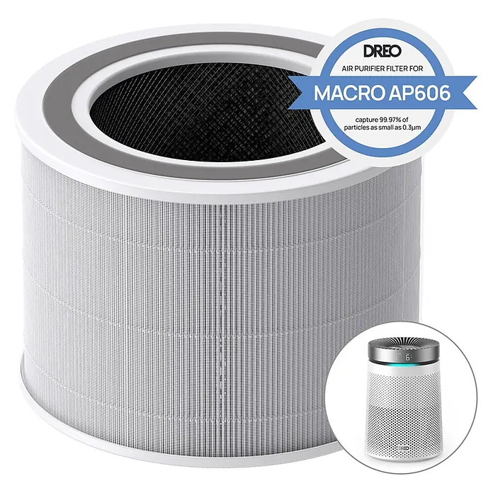 Filtro HEPA DREO AP606 - Específico para: Purificador Dreo AP606 - Filtro purificador de aire DREO MACRO AP606 blanco y gris con interior negro, captura el 99,97% de partículas de 0,3µm.