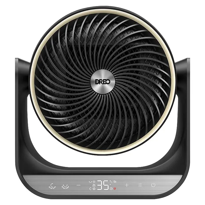Dreo Calefactor de aire 714S - 2.000 W, Negro, IP20 - Ventilador de mesa Dreo negro con rejilla frontal circular iluminada, mostrando una temperatura digital de 35°C en la base.
