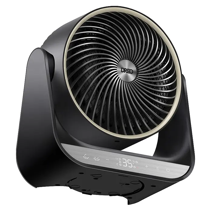 Dreo Calefactor de aire 714S - 2.000 W, Negro, IP20 - Ventilador oscilante DREO negro con rejilla espiral plateada, anillo decorativo beige y pantalla digital '35'.