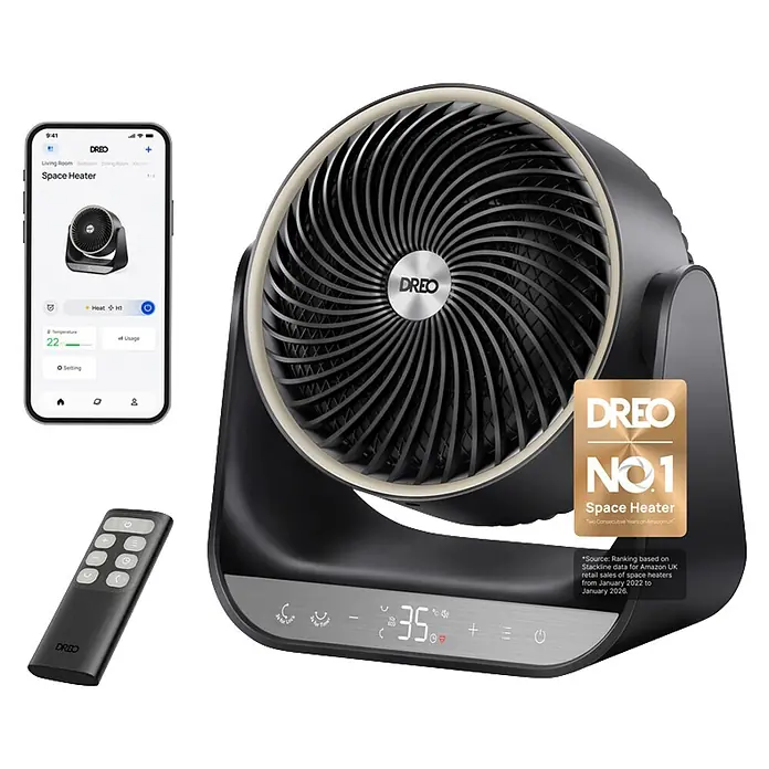 Dreo Calefactor de aire 714S - 2.000 W, Negro, IP20 - Calefactor de espacio Dreo negro moderno con rejilla espiral, mando a distancia y smartphone mostrando la app.