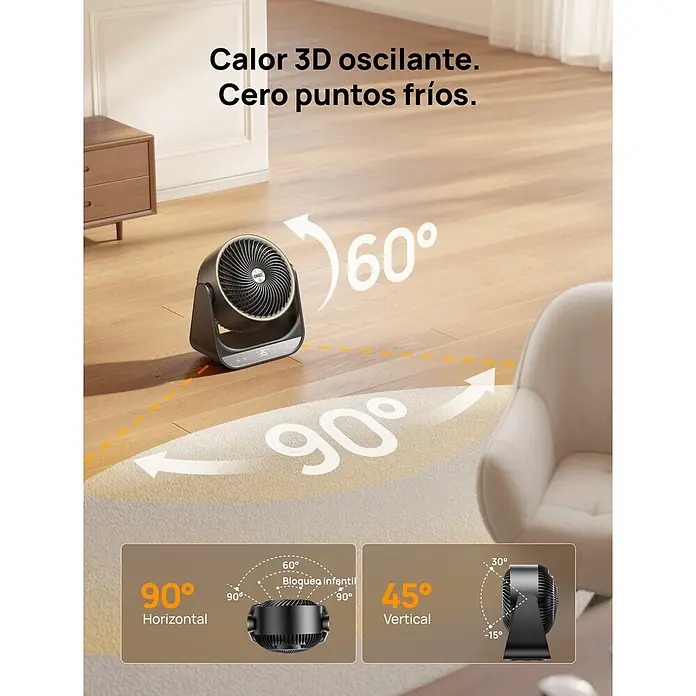 Dreo Calefactor de aire 714S - 2.000 W, Negro, IP20 - Calefactor oscilante negro que demuestra distribución de calor 3D en una habitación, con movimiento horizontal y vertical.