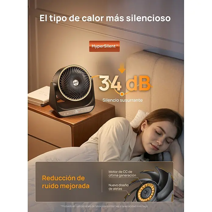 Dreo Calefactor de aire 714S - 2.000 W, Negro, IP20 - Calefactor de ventilador negro y dorado silencioso en una mesita de noche junto a una persona durmiendo.