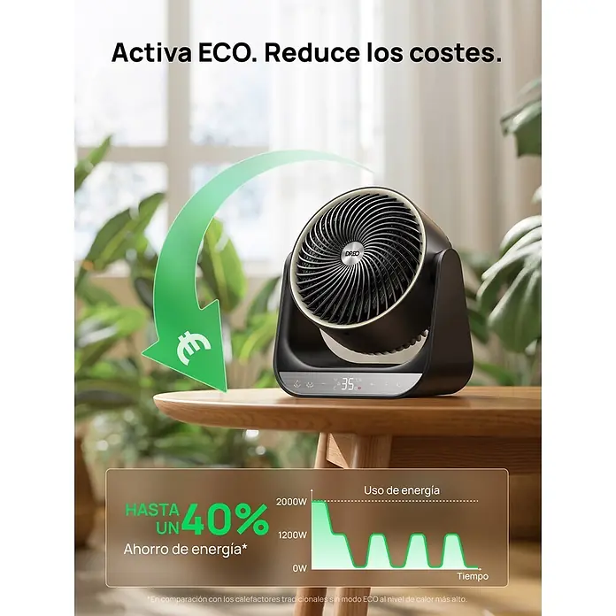 Dreo Calefactor de aire 714S - 2.000 W, Negro, IP20 - Calefactor eléctrico DREO negro y plateado sobre mesa de madera, destacando hasta 40% ahorro de energía con modo ECO.