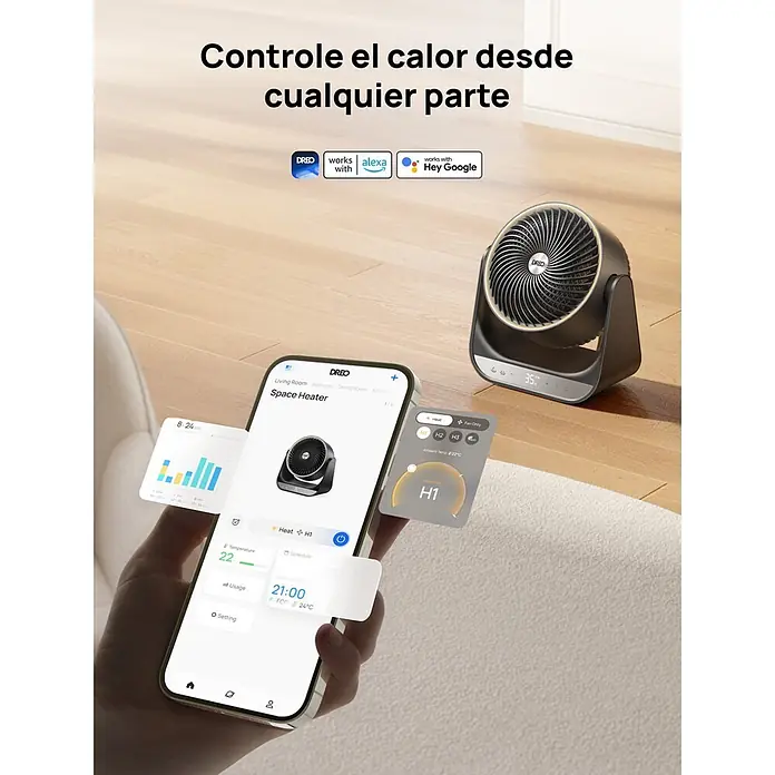 Dreo Calefactor de aire 714S - 2.000 W, Negro, IP20 - Una mano controla un calefactor DREO negro a través de una aplicación de smartphone, con el calefactor visible en un suelo de madera.