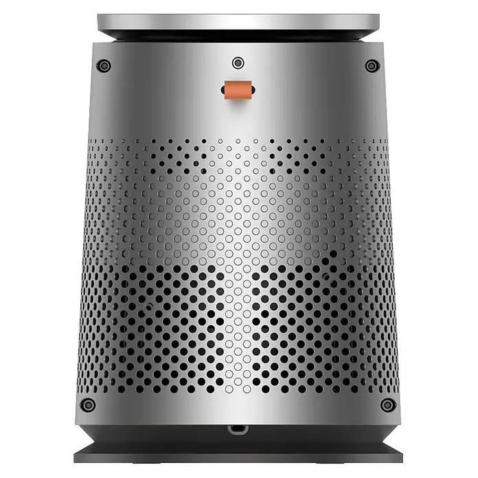 Dreo Calefactor de aire 720S - 2.000 W, Negro, IP20 - Altavoz inteligente cilíndrico con acabado metálico plateado cepillado, rejilla perforada, detalles negros y asa de cuero marrón para portabilidad.