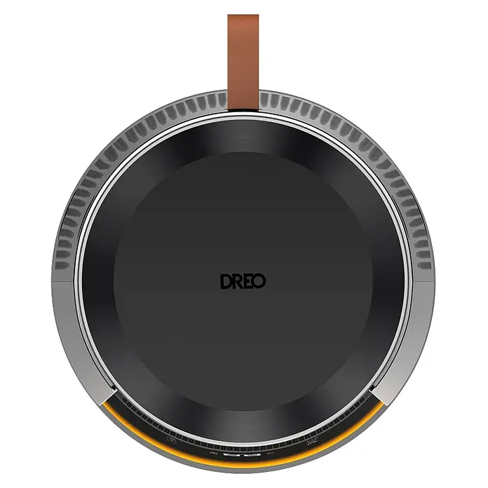 Dreo Calefactor de aire 720S - 2.000 W, Negro, IP20 - Dispositivo inteligente redondo gris oscuro con borde metálico, correa marrón y luz amarilla. Logotipo DREO en el centro.