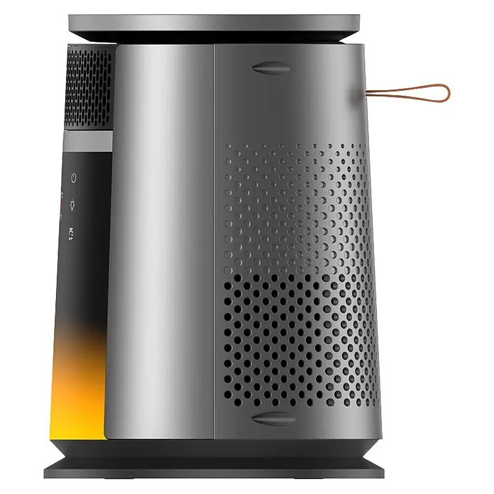 Dreo Calefactor de aire 720S - 2.000 W, Negro, IP20 - Purificador de aire cilíndrico gris con rejillas perforadas, controles laterales, un resplandor de luz naranja en la base y un asa marrón.