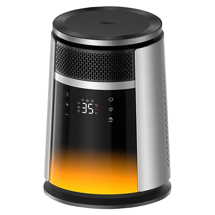 Dreo Calefactor de aire 720S - 2.000 W, Negro, IP20 - Calefactor/ventilador inteligente cilíndrico DREO negro y plateado con pantalla digital '35' y brillo naranja en la base.