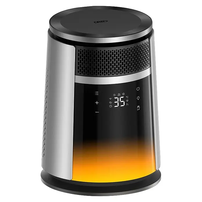 Dreo Calefactor de aire 720S - 2.000 W, Negro, IP20 - Un calefactor DREO alto, plateado y negro, con pantalla digital (35°C) y base luminosa cálida.