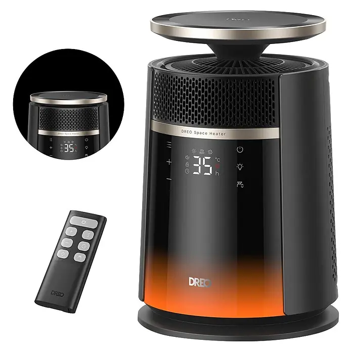 Dreo Calefactor de aire 720S - 2.000 W, Negro, IP20 - Calefactor de espacio degradado negro y naranja con parte superior plateada, pantalla digital (35°C) y mando a distancia negro.