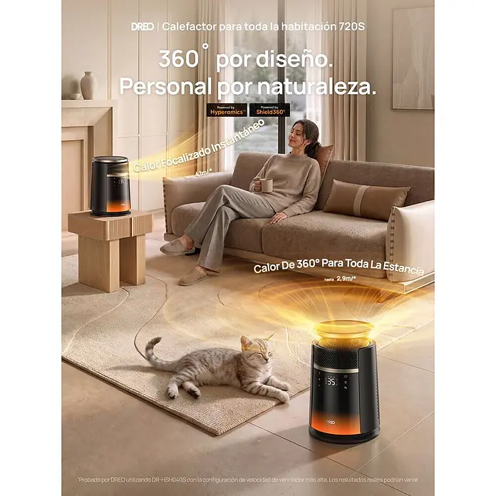 Dreo Calefactor de aire 720S - 2.000 W, Negro, IP20 - Dos calefactores DREO negros con brillo naranja y pantallas digitales calientan una sala de estar con una mujer y un gato.