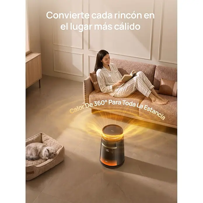 Dreo Calefactor de aire 720S - 2.000 W, Negro, IP20 - Calefactor negro y naranja en el suelo, emitiendo calor en un salón donde una mujer lee en un sofá y un gato descansa.
