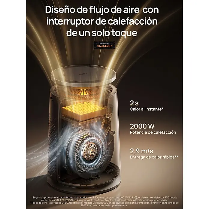 Dreo Calefactor de aire 720S - 2.000 W, Negro, IP20 - Vista de corte de un calefactor/purificador negro y transparente mostrando ventilador interno, elemento calefactor dorado y flujo de aire para calor rápido.