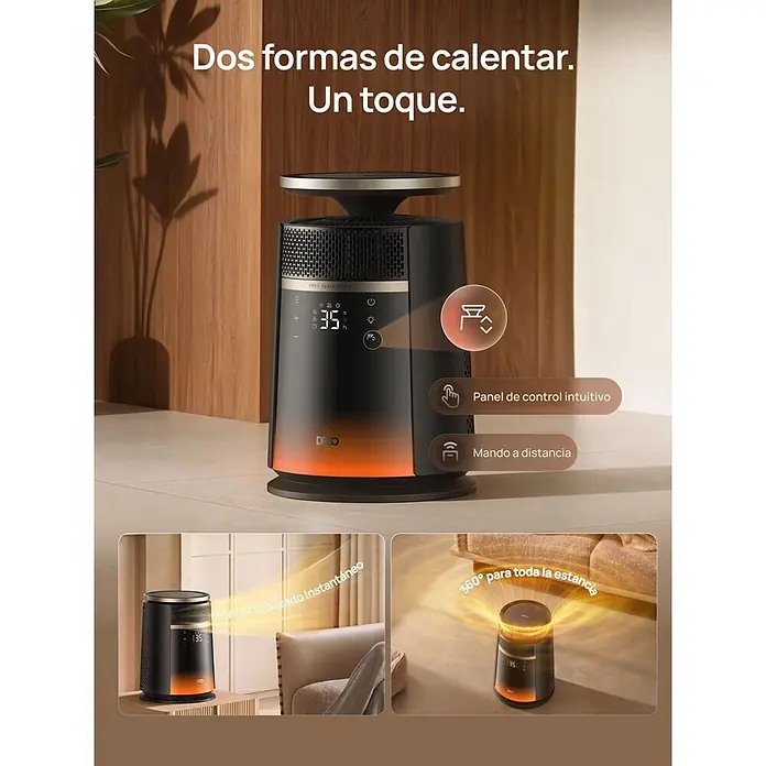 Dreo Calefactor de aire 720S - 2.000 W, Negro, IP20 - Calefactor negro con brillo naranja, pantalla digital, muestra calor focalizado instantáneo y calefacción 360° para la estancia. Con control intuitivo y remoto.