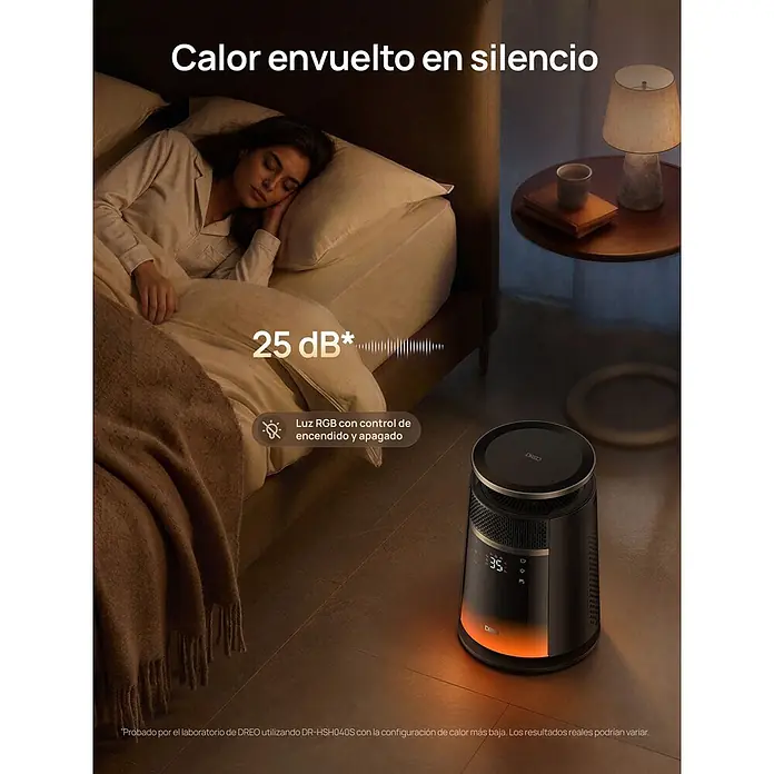 Dreo Calefactor de aire 720S - 2.000 W, Negro, IP20 - Calefactor cilíndrico DREO negro con brillo naranja y pantalla digital, calentando silenciosamente un dormitorio.