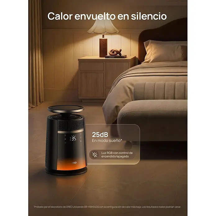 Dreo Calefactor de aire 720S - 2.000 W, Negro, IP20 - Calefactor DREO negro con pantalla digital y brillo naranja en un dormitorio, destacando el modo sueño de 25dB y luz RGB.