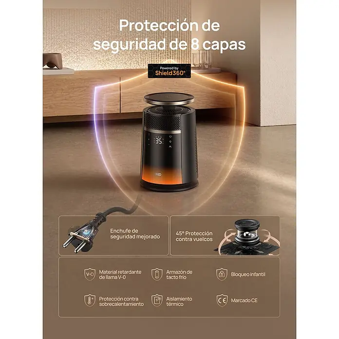 Dreo Calefactor de aire 720S - 2.000 W, Negro, IP20 - Un calentador/ventilador inteligente cilíndrico negro con pantalla digital ("35") brilla naranja, destacando sus 8 capas de seguridad en un entorno doméstico.