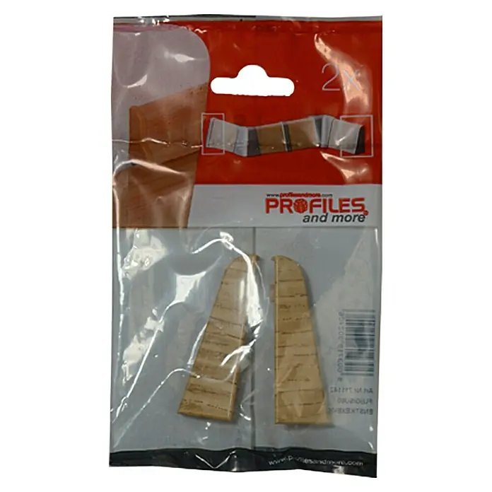 Profiles and more Endkappe FU60L - Eiche Natur, 2 Stk. - Produktbild einer Packung mit zwei „Profiles and more“ Produkten, wahrscheinlich Korkplatten, in einer durchsichtigen Plastikverpackung.