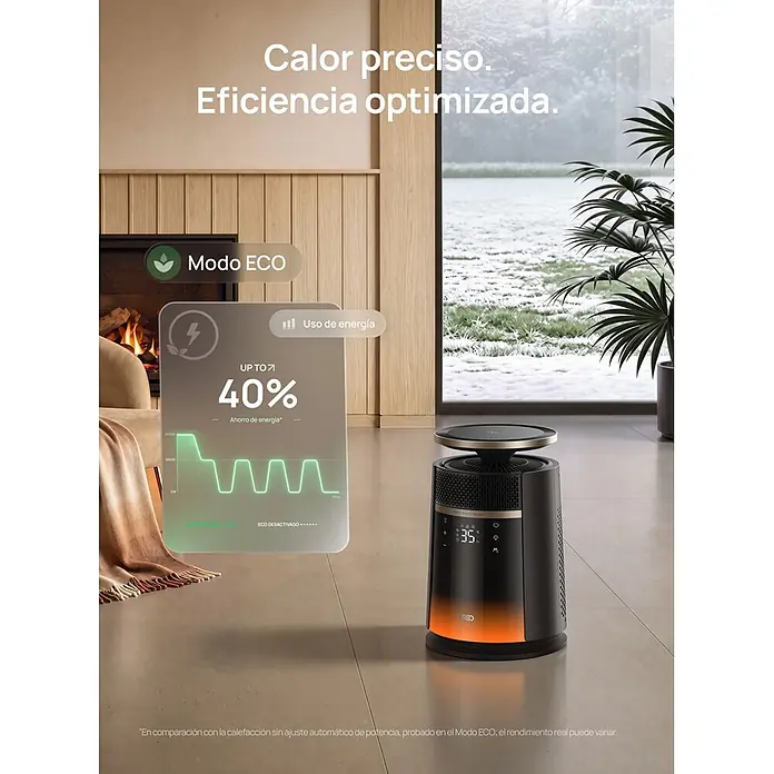 Dreo Calefactor de aire 720S - 2.000 W, Negro, IP20 - Calefactor moderno negro y dorado con pantalla digital y brillo naranja, mostrado en sala de estar, resaltando Modo Eco y 40% ahorro de energía.