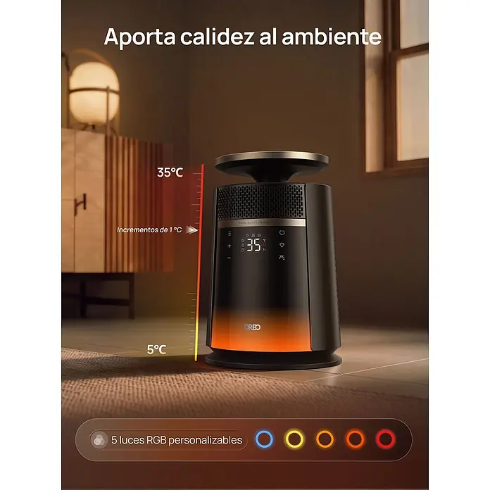 Dreo Calefactor de aire 720S - 2.000 W, Negro, IP20 - Calefactor Dreo negro en un ambiente, muestra ajustes de temperatura (5-35°C) y luces RGB personalizables.