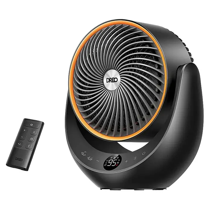 Dreo Calefactor cerámico 715 - 2.000 W, Negro, 19,3 x 28,9 x 33,3 cm - Un calentador eléctrico portátil negro con rejilla plateada, borde naranja, pantalla digital y un control remoto a juego.