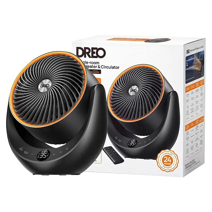 Dreo Calefactor cerámico 715 - 2.000 W, Negro, 19,3 x 28,9 x 33,3 cm - Calentador y circulador Dreo negro con borde naranja, pantalla digital (35°), controles y mando a distancia, expuesto con su caja.