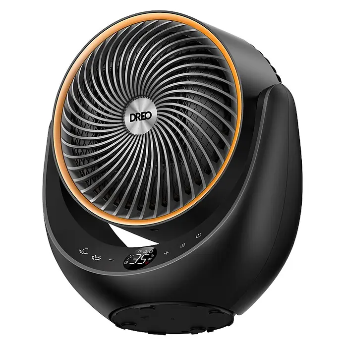 Dreo Calefactor cerámico 715 - 2.000 W, Negro, 19,3 x 28,9 x 33,3 cm - Un ventilador circulador de aire DREO negro y dorado con pantalla digital y botones de control.