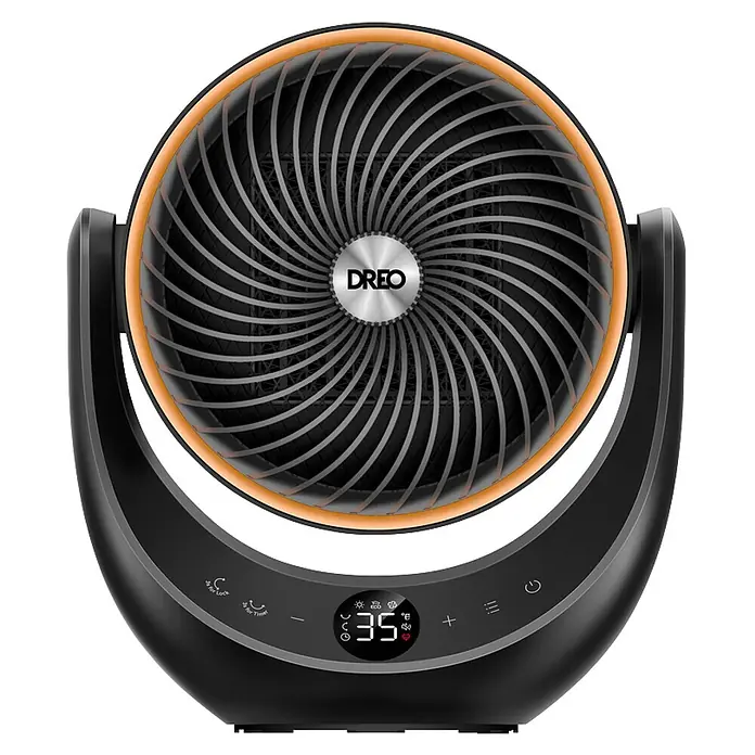 Dreo Calefactor cerámico 715 - 2.000 W, Negro, 19,3 x 28,9 x 33,3 cm - Calefactor/ventilador Dreo negro y dorado con pantalla digital que muestra "35" y botones de control.