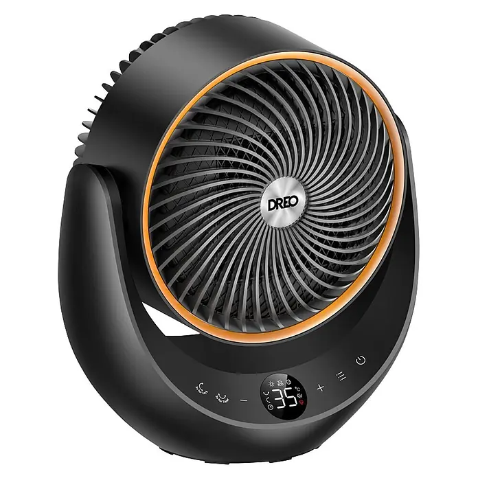 Dreo Calefactor cerámico 715 - 2.000 W, Negro, 19,3 x 28,9 x 33,3 cm - Ventilador/calefactor eléctrico DREO negro con anillo dorado, rejilla espiral y pantalla digital '35'.