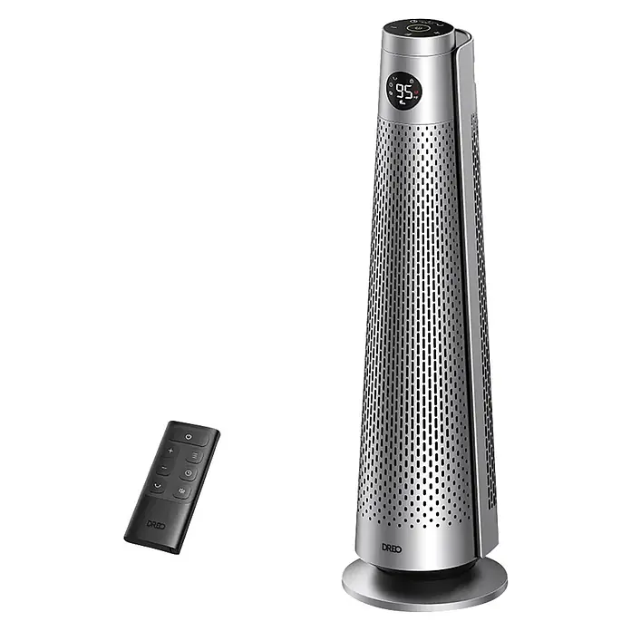 Dreo Calefactor de aire Solaris 718 - 2.000 W, Plata, IP20 - Ventilador de torre plateado con pantalla digital '95' y mando a distancia.
