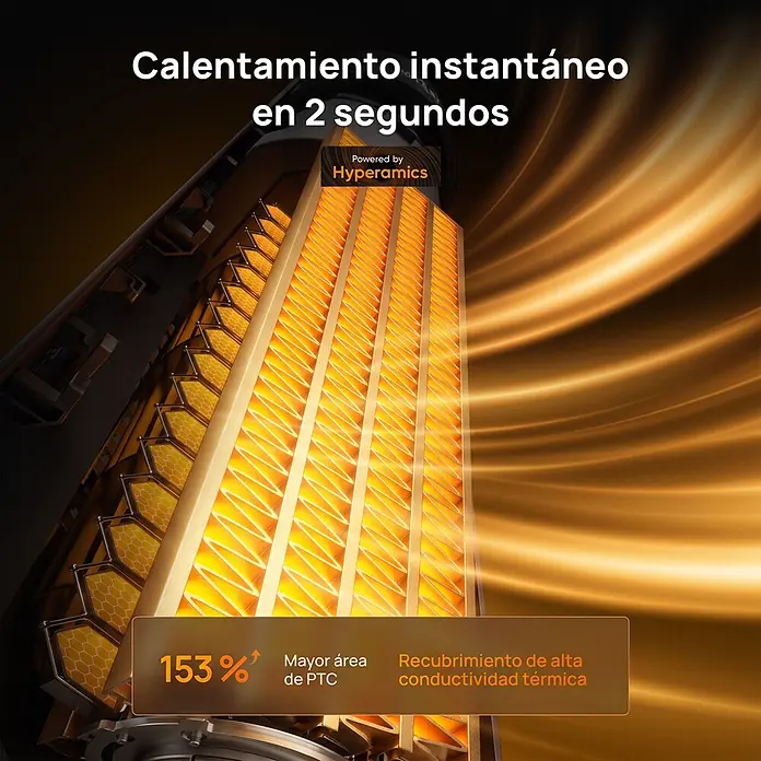 Dreo Calefactor de aire Solaris 718 - 2.000 W, Plata, IP20 - Vista interna de un elemento calefactor con estructura de panal naranja brillante, destacando la calefacción instantánea y la tecnología cerámica avanzada.