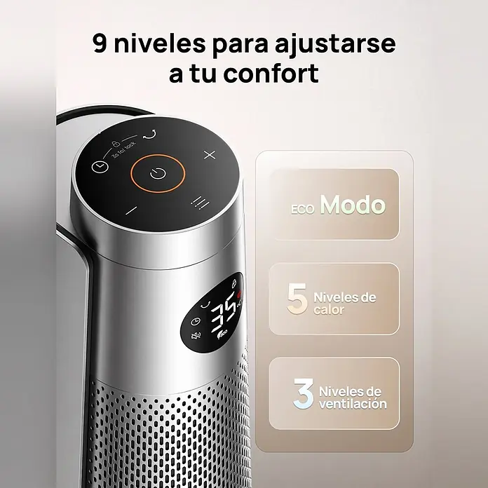 Dreo Calefactor de aire Solaris 718 - 2.000 W, Plata, IP20 - Calefactor/ventilador cilíndrico plateado con panel de control negro y pantalla digital que muestra temperatura y ajustes, con niveles de confort.