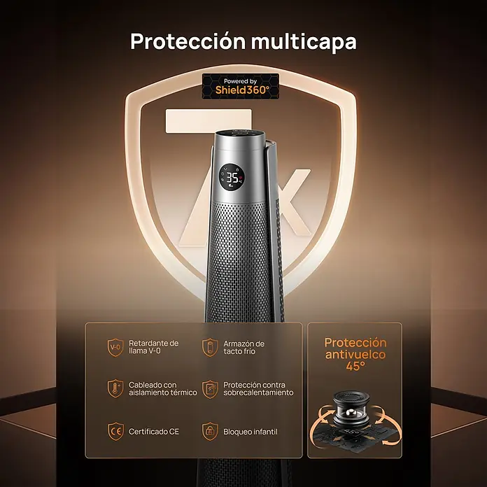 Dreo Calefactor de aire Solaris 718 - 2.000 W, Plata, IP20 - Calefactor de torre cilíndrico gris con pantalla digital '35', destacando funciones de seguridad multicapa y protección antivuelco.