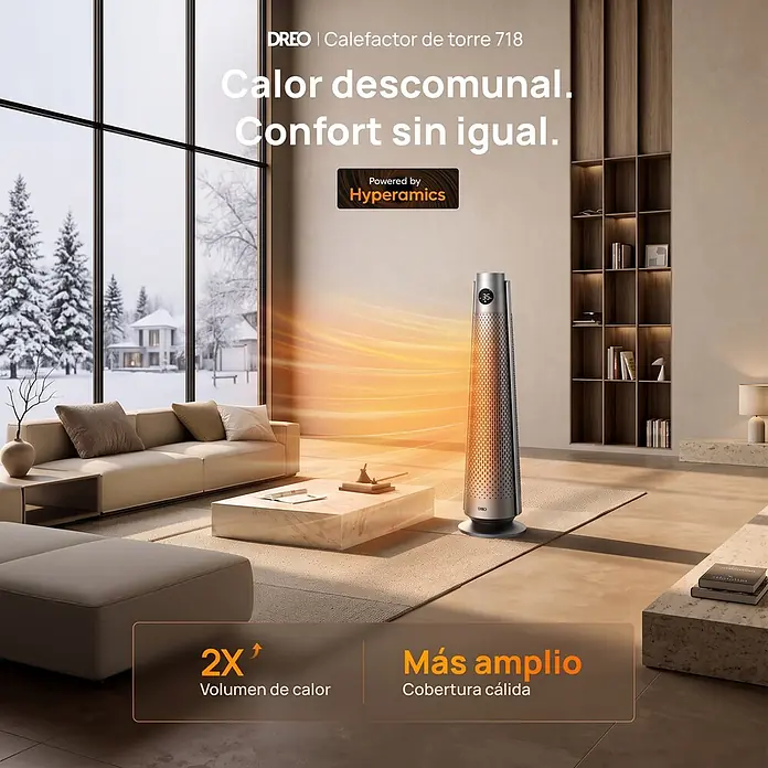 Dreo Calefactor de aire Solaris 718 - 2.000 W, Plata, IP20 - Un elegante calefactor de torre Dreo plateado calienta un moderno salón con grandes ventanales a un paisaje nevado.