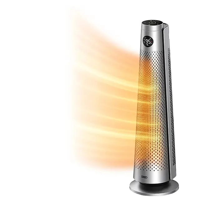 Dreo Calefactor de aire Solaris 718 - 2.000 W, Plata, IP20 - Calefactor de torre metálico plateado con pantalla digital '95' y calor naranja visible irradiando de su rejilla perforada.