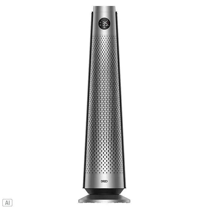 Dreo Calefactor de aire Solaris 718 - 2.000 W, Plata, IP20 - Calefactor de torre metálico plateado con pantalla digital (35°C), rejilla perforada y logo 'DREO'.