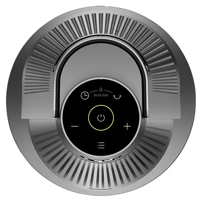 Dreo Calefactor de aire Solaris 718 - 2.000 W, Plata, IP20 - Vista superior del panel de control negro de un purificador de aire plateado, con botones de encendido, temporizador, bloqueo, oscilación y velocidad.