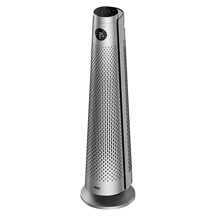 Dreo Calefactor de aire Solaris 718 - 2.000 W, Plata, IP20 - Ventilador de torre metálico plateado con rejilla perforada, panel de control superior y pantalla digital (35), con logo "DREO".