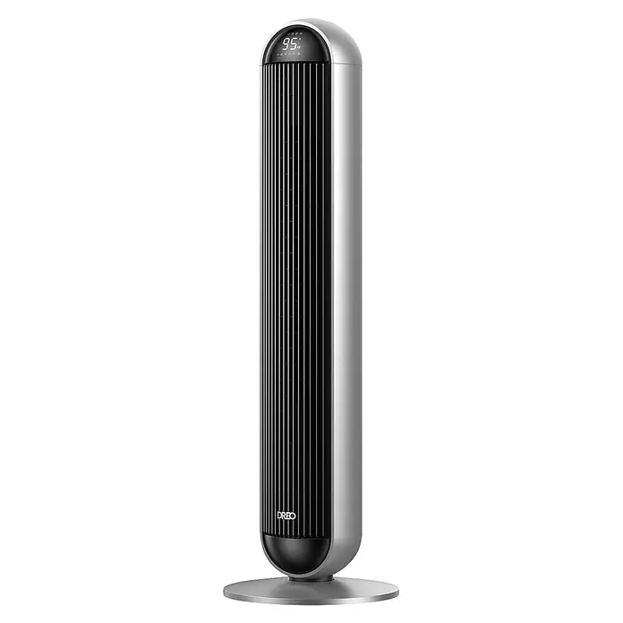 Dreo Calefactor de aire y ventilador 706S - 2.000 kW, Plata/Negro - Elegante ventilador o calefactor de torre gris plateado y negro con una pantalla digital que muestra '95°F' y el logo 'DREO'.