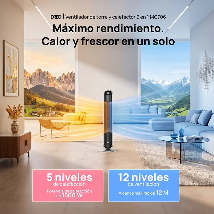 Dreo Calefactor de aire y ventilador 706S - 2.000 kW, Plata/Negro - Ventilador de torre y calefactor 2 en 1 negro, calentando y enfriando un salón moderno.