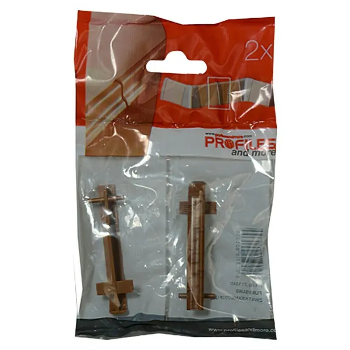 Profiles and more Übergangskappe FU60L - Merbau/Robinie, 2 Stk. - Abgebildete Verpackung mit zwei Profilverbinder-Sets in Braun. Die Verbinder sind aus Kunststoff und in Folie verpackt.