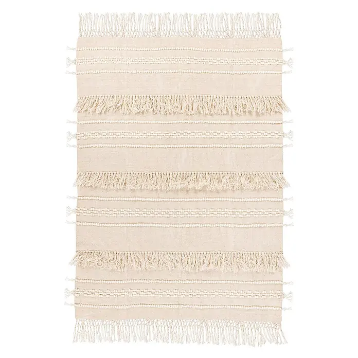 Wohndecke Bohist 325 - 130 x 170 cm, Natural, 100 % Wolle - Cremefarbener Webteppich mit horizontalen strukturierten Streifen und Fransen an beiden Enden.