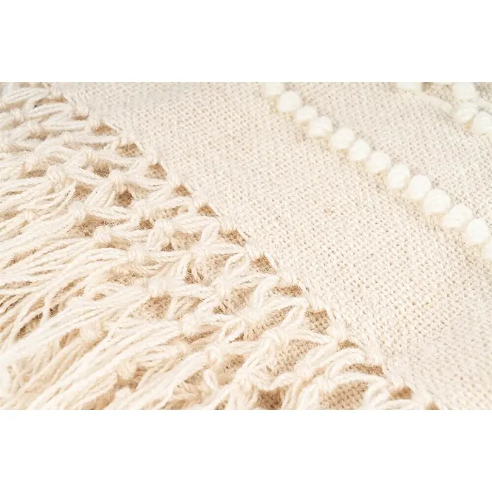 Wohndecke Bohist 325 - 130 x 170 cm, Natural, 100 % Wolle - Heller Textilstoff mit Webstruktur, gefranstem Rand mit geknoteten Details und diagonaler Linie mit Noppenverzierungen.
