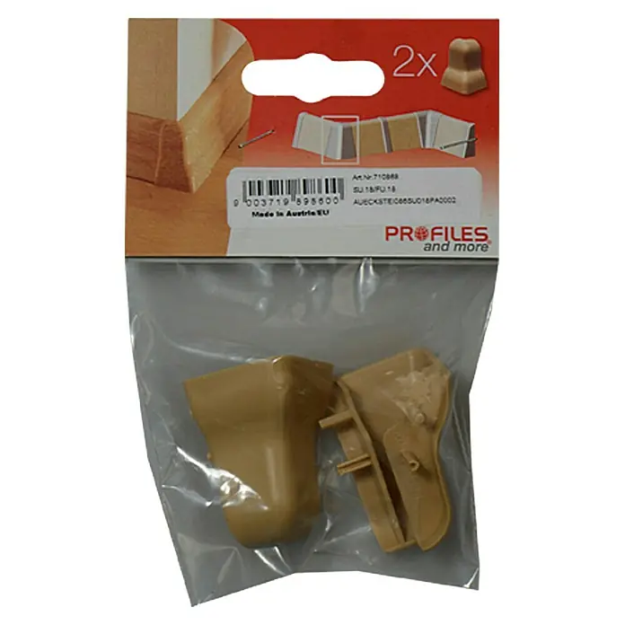 Profiles and more Außenecke SU18/FU18 - Eiche Hell, 2 Stk. - Zwei Eckstücke für Fußleisten in Beige in einer transparenten Verpackung. Perfekt für saubere Übergänge.
