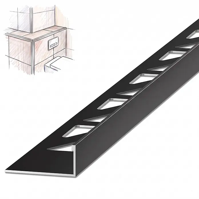 Dalsys Fliesenschiene Aluminium 2,5m x 10mm Winkelprofil Schwarz -  - Schwarzes L-förmiges Fliesenprofil mit Aussparungen, in einer Skizze als Zierkante für geflieste Flächen.