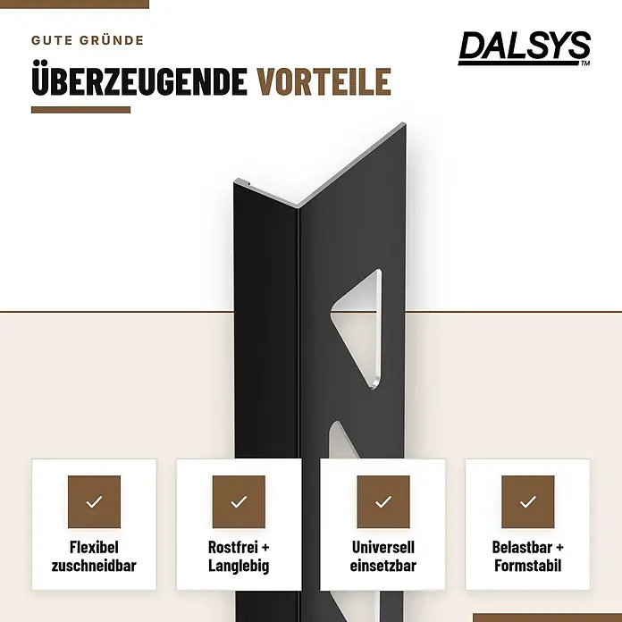 Dalsys Fliesenschiene Aluminium 2m x 10mm Winkelprofil Schwarz -  - Schwarzes Aluminium-Winkelprofil, flexibel zuschneidbar, rostfrei, langlebig, universell einsetzbar und formstabil.