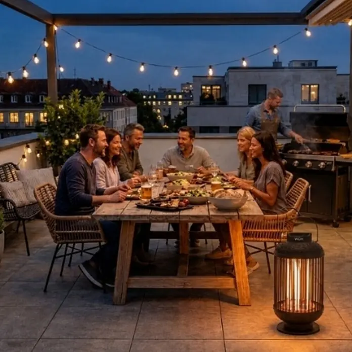 Heizlaterne WDH-12HL - 1.200 W - für Terrasse, Balkon, Garten -  - Dunkler Laternen-Heizstrahler mit leuchtenden vertikalen Elementen beleuchtet und wärmt einen Outdoor-Essbereich.