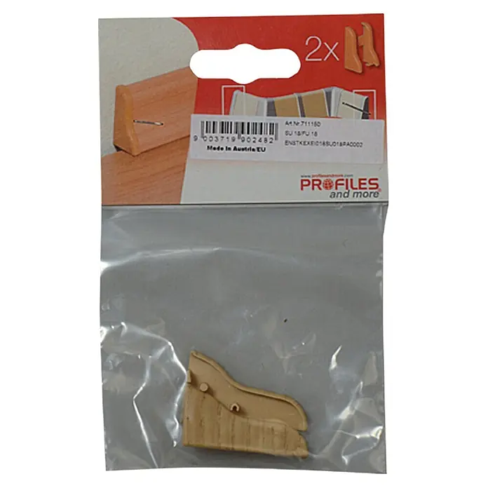 Profiles and more Endkappe SU18/FU18 - Eiche Natur, 2 Stk. - Bild einer verpackten Holz-Eckverbindung mit der Aufschrift "Profiles and more", die für Holzarbeiten und Möbelprojekte gedacht ist.